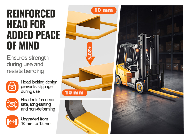 VEVOR pallet fork extensions showcasing reinforced head, head locking design, and upgraded thickness.