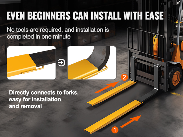 VEVOR pallet fork extensions used in warehouse, construction site, supermarket, and farm scenarios.