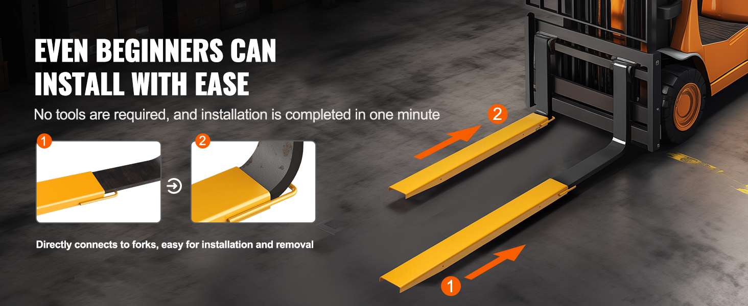 forklift with VEVOR pallet fork extensions, easily installed, no tools required, ideal for beginners.