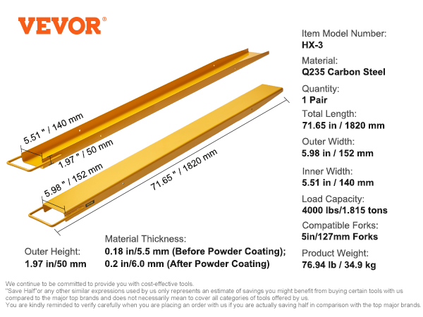 VEVOR pallet fork extensions, q235 carbon steel, 71.65in length, 4000lbs capacity, 5.98in outer width.