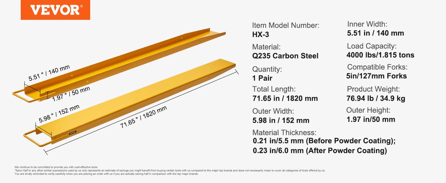 VEVOR pallet fork extensions, q235 carbon steel, 71.65in length, 4000lbs capacity, 5.98in outer width.