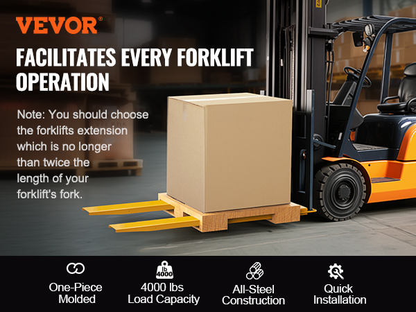 VEVOR pallet fork extensions on a forklift, lifting a large cardboard box, showcasing 4000lb capacity.