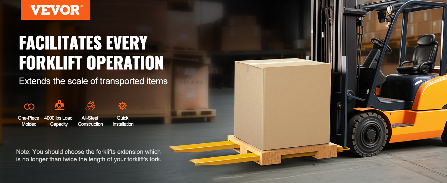 VEVOR pallet fork extensions on a forklift, lifting a large cardboard box, showcasing 4000lb capacity.