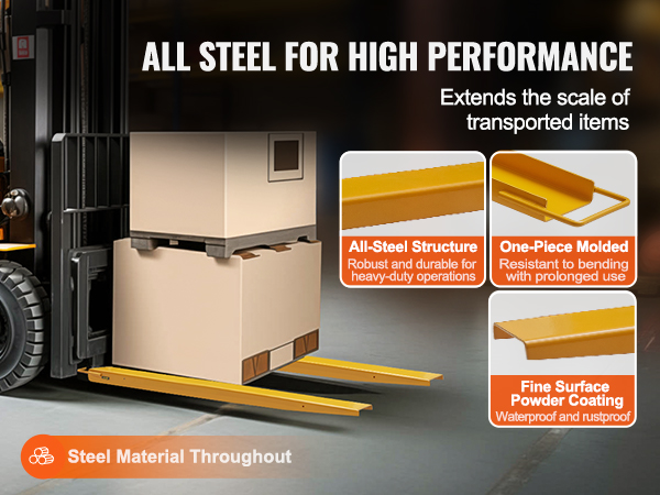 forklift with VEVOR pallet fork extensions lifting boxes; all-steel structure, one-piece molded, waterproof.