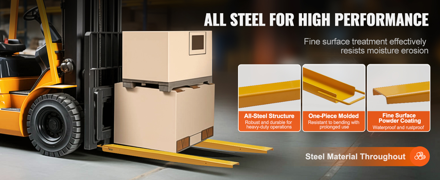 forklift with VEVOR pallet fork extensions lifting boxes; all-steel structure, one-piece molded, waterproof.
