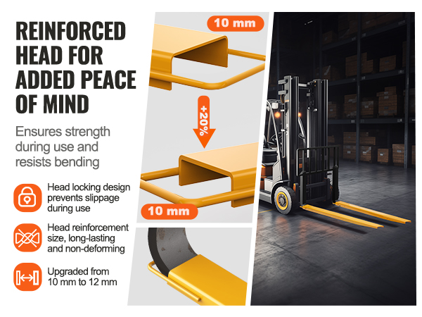 VEVOR pallet fork extensions with reinforced head, head locking design, and 12mm thickness for durability.