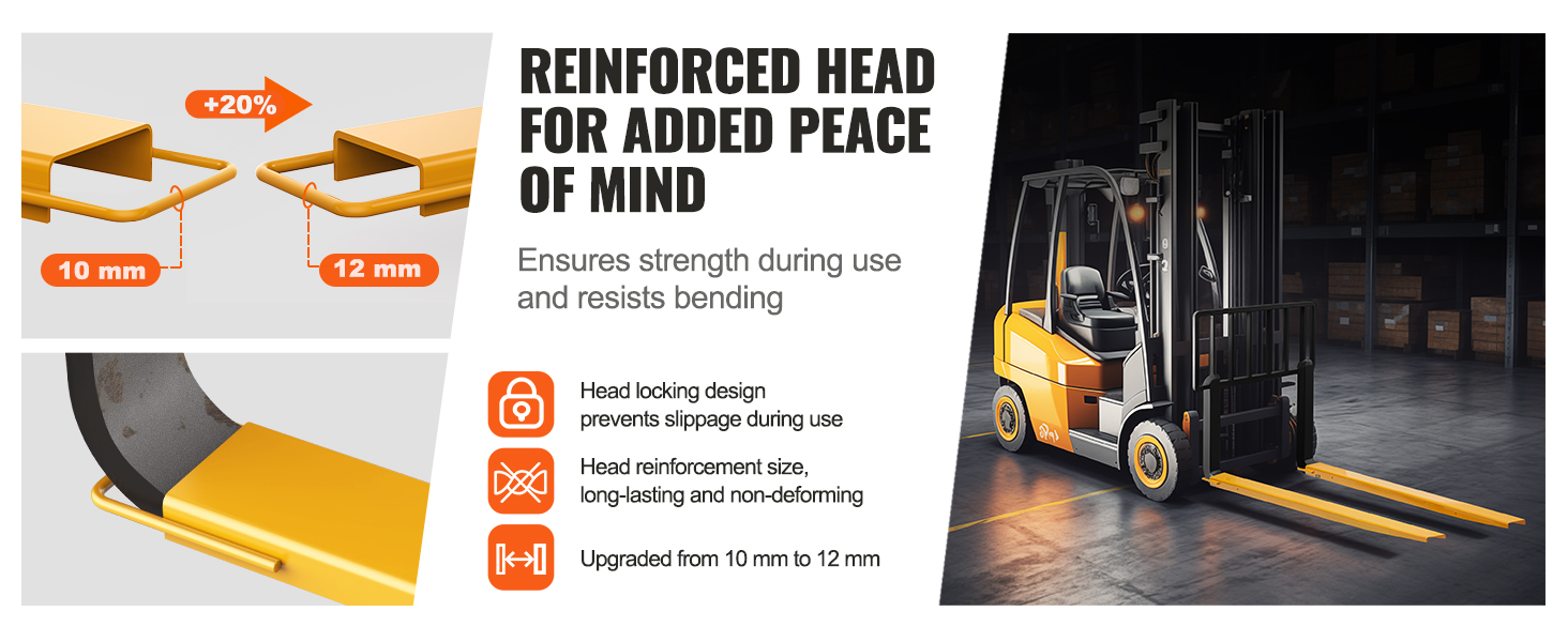 VEVOR pallet fork extensions with reinforced head, head locking design, and 12mm thickness for durability.