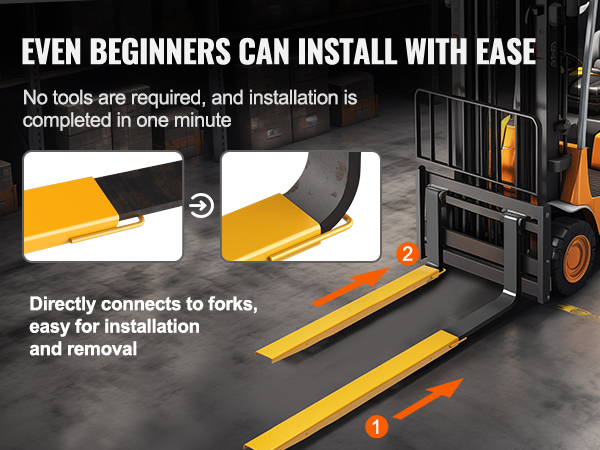 forklifts with VEVOR pallet fork extensions being used in a warehouse, construction site, supermarket, and farm.