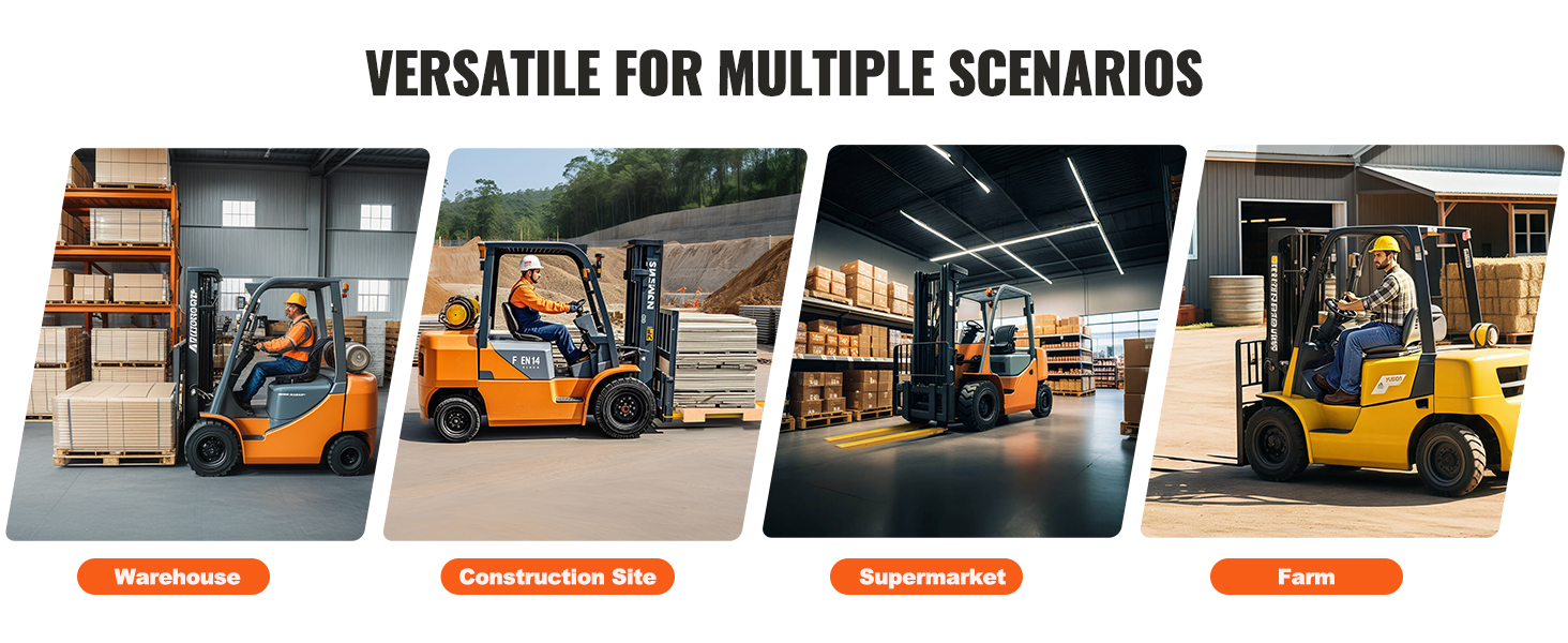 forklifts with VEVOR pallet fork extensions being used in a warehouse, construction site, supermarket, and farm.