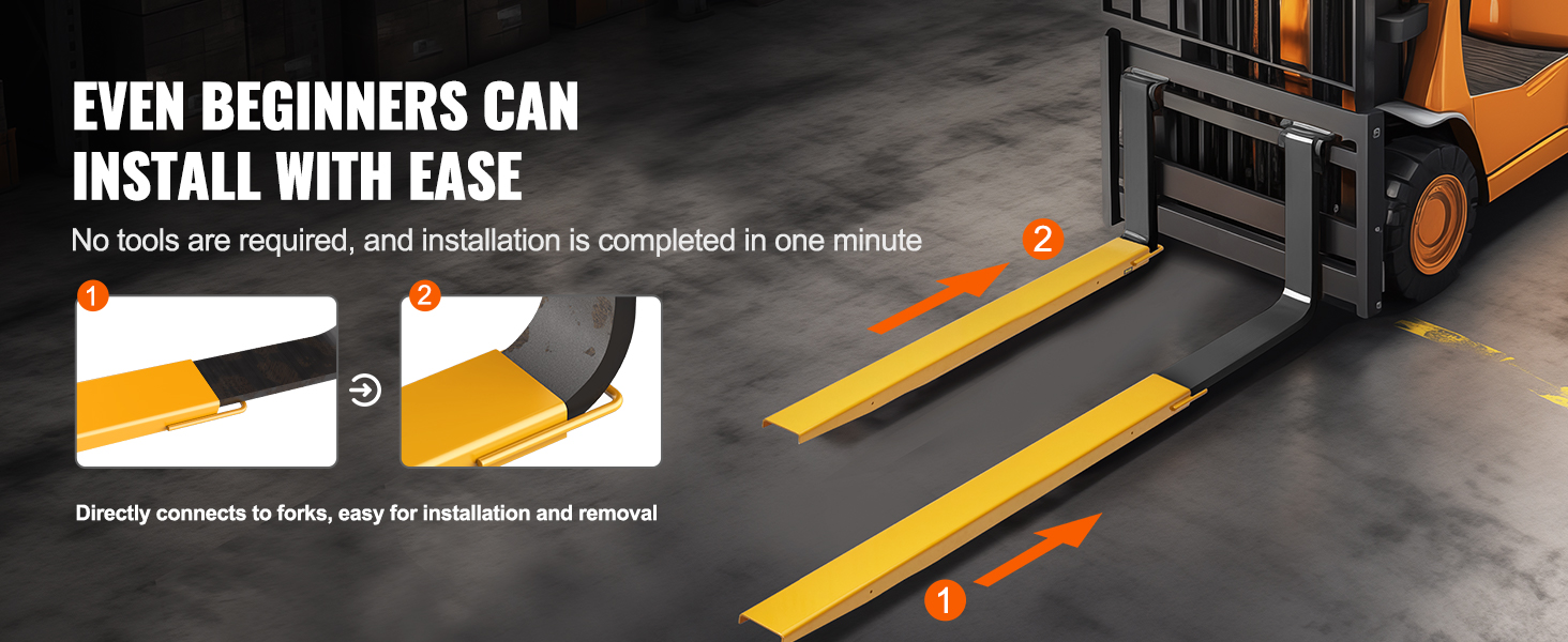 forklift demonstrating easy installation of VEVOR pallet fork extensions in a warehouse setting.