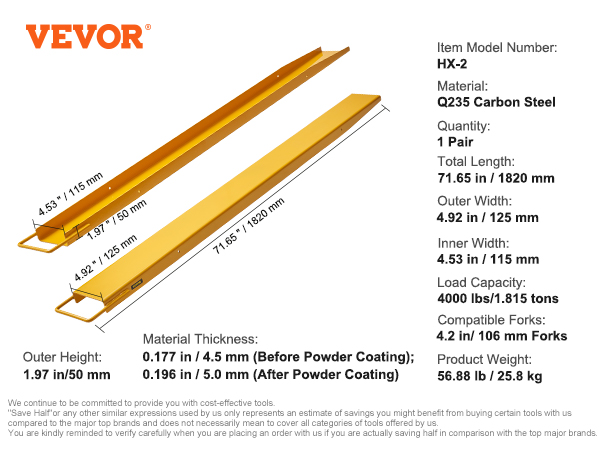 VEVOR pallet fork extensions, 71.65 in, q235 carbon steel, load capacity 4000 lbs, compatible with 4.2 in forks.