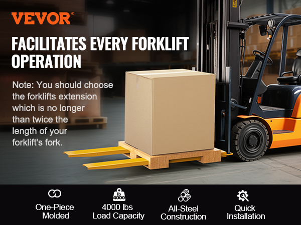 VEVOR pallet fork extensions, 4000 lb load capacity, enhancing forklift operations in warehouse.