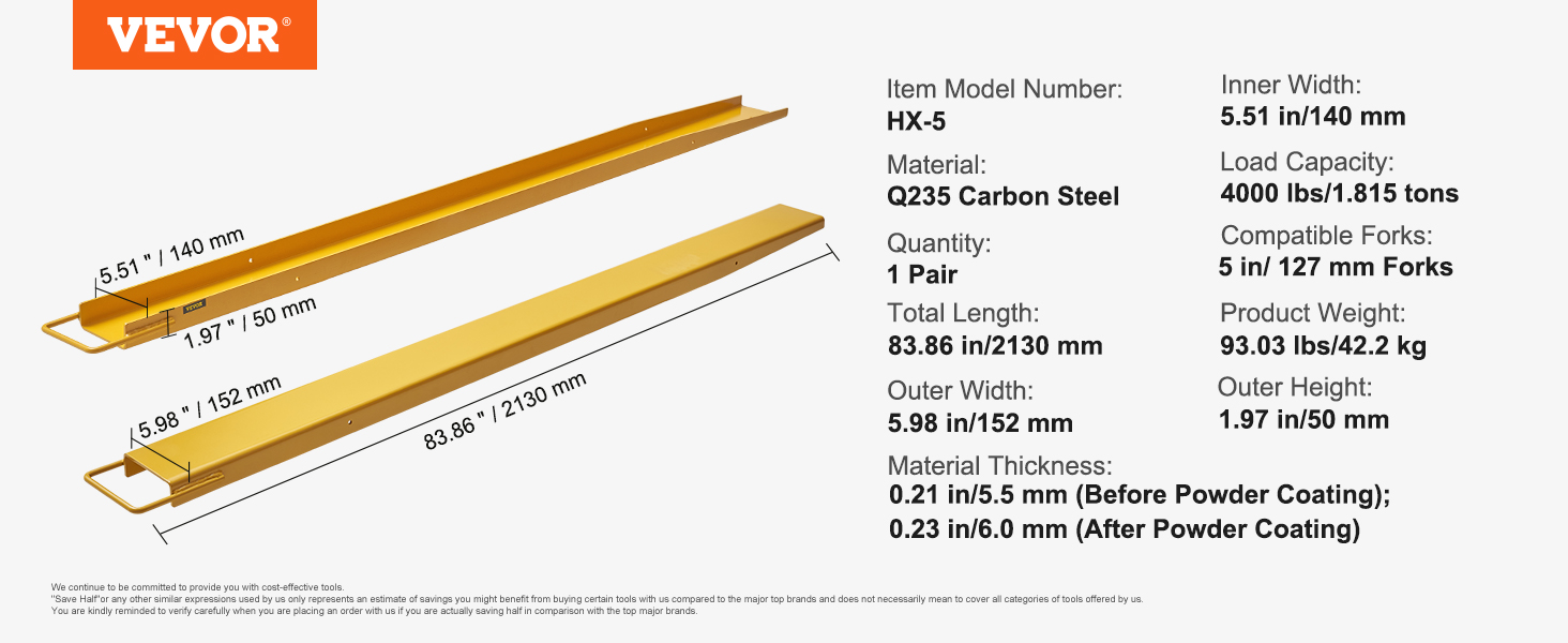 VEVOR forklift extensions, q235 carbon steel, 83.86 in length, 5.51 in inner width, 4000 lbs load capacity.