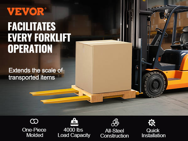 VEVOR forklift extensions lifting a large box, showcasing a 4000 lb load capacity and all-steel construction.