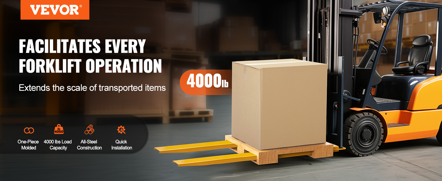 VEVOR forklift extensions lifting a large box, showcasing a 4000 lb load capacity and all-steel construction.