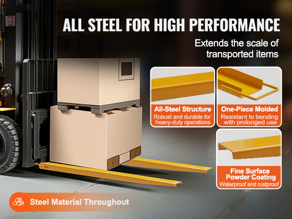forklift with VEVOR forklift extensions lifting boxes, showcasing all-steel structure and fine surface coating.