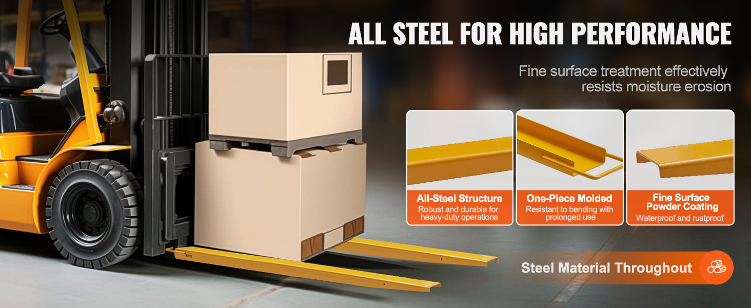 forklift with VEVOR forklift extensions lifting boxes, showcasing all-steel structure and fine surface coating.