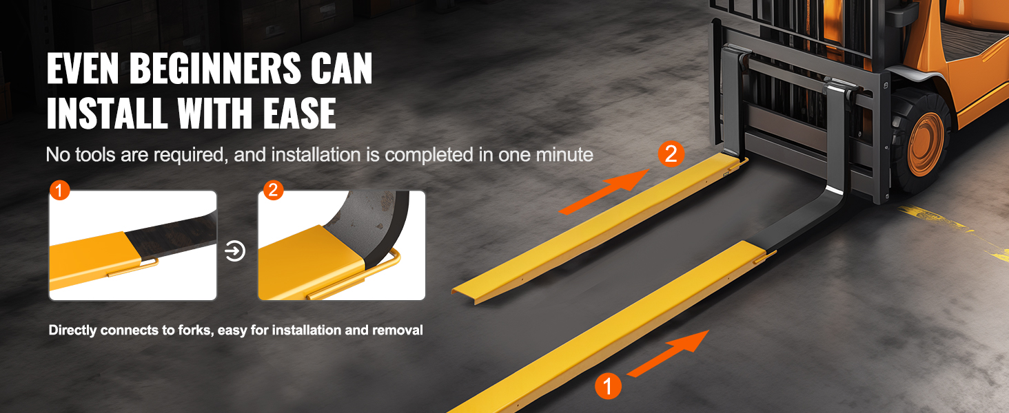 forklift with VEVOR forklift extensions installed, showing easy installation steps and no tools needed.