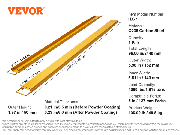 VEVOR forklift extensions, model hx-7, made of q235 carbon steel, 96.06 inches long and 5.98 inches wide.
