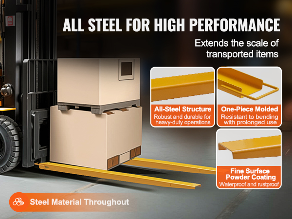 yellow VEVOR forklift with steel extensions lifting a pallet, featuring robust and durable all-steel structure.