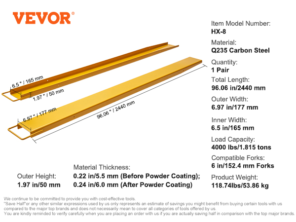 VEVOR pallet fork extensions, hx-8 model, 96.06", 4000 lbs load, q235 carbon steel, 6.5" inner width.