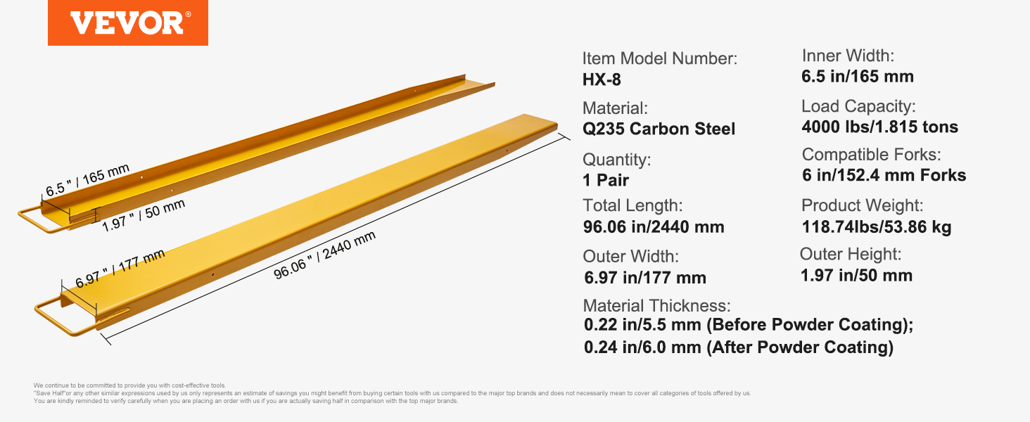 VEVOR pallet fork extensions, hx-8 model, 96.06", 4000 lbs load, q235 carbon steel, 6.5" inner width.