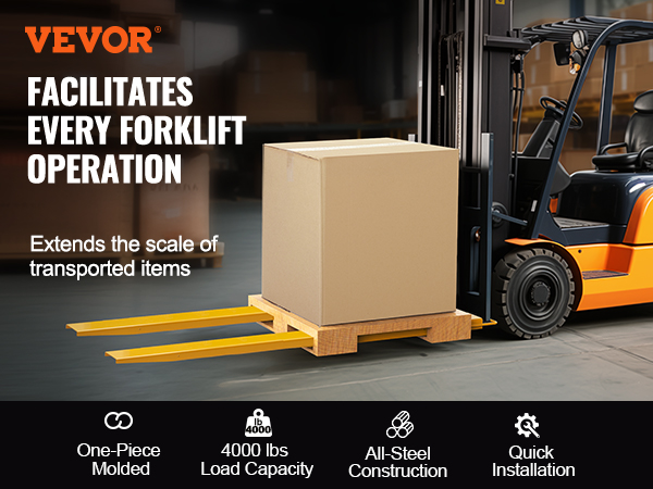 VEVOR pallet fork extensions on forklift lifting a box, highlighting 4000 lb load capacity.