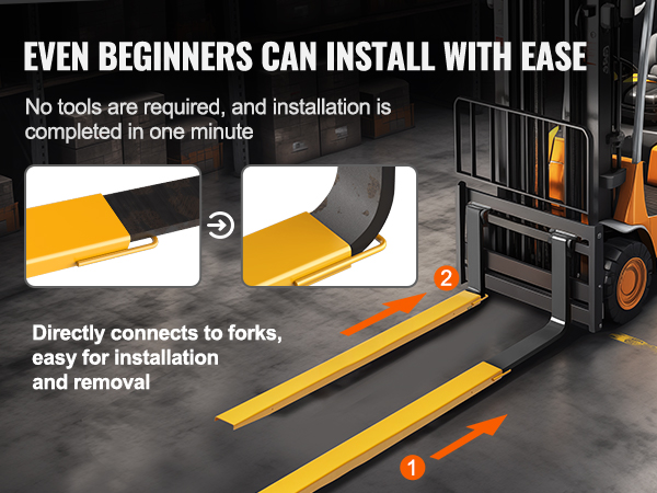 forklifts using VEVOR pallet fork extensions in warehouse, construction site, supermarket, and farm.