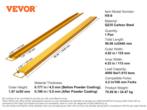 VEVOR pallet fork extensions, q235 carbon steel, 96.06 in length, 4000 lbs capacity, 4.92 in width.