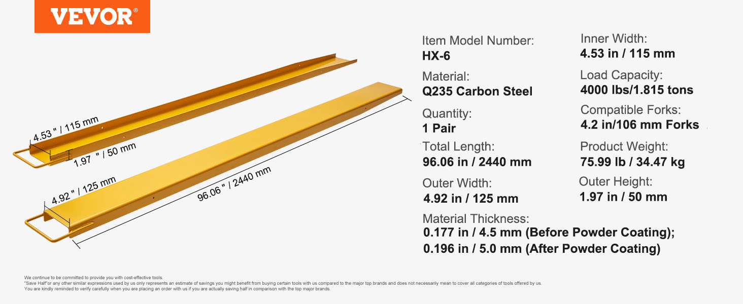 VEVOR pallet fork extensions, q235 carbon steel, 96.06 in length, 4000 lbs capacity, 4.92 in width.