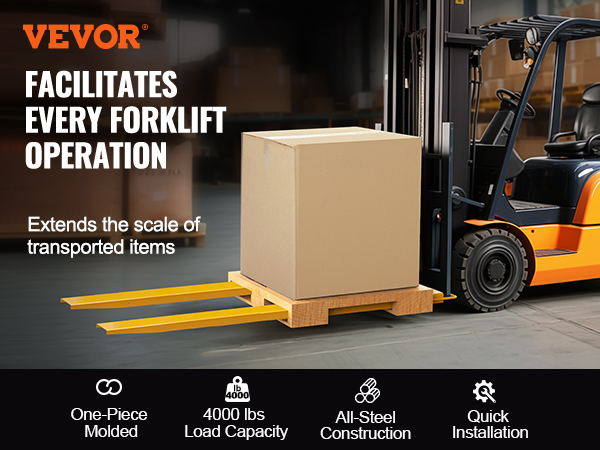 VEVOR pallet fork extensions for forklifts, 4000lb capacity, all-steel, one-piece molded construction.