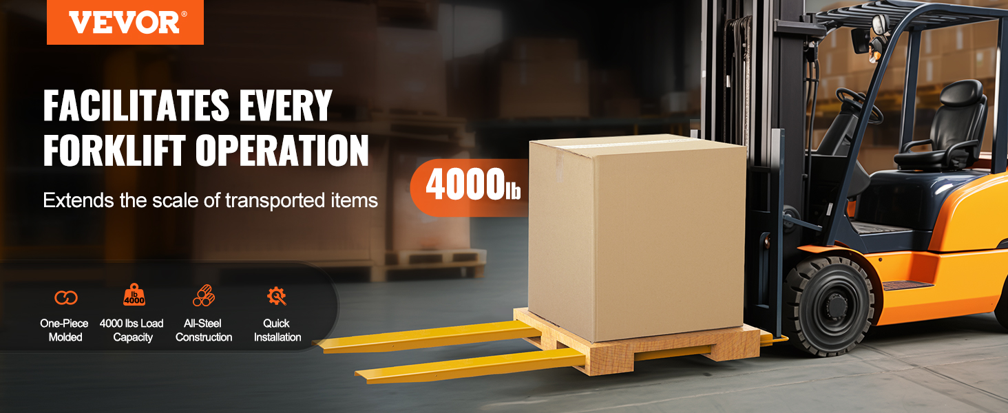 VEVOR pallet fork extensions for forklifts, 4000lb capacity, all-steel, one-piece molded construction.