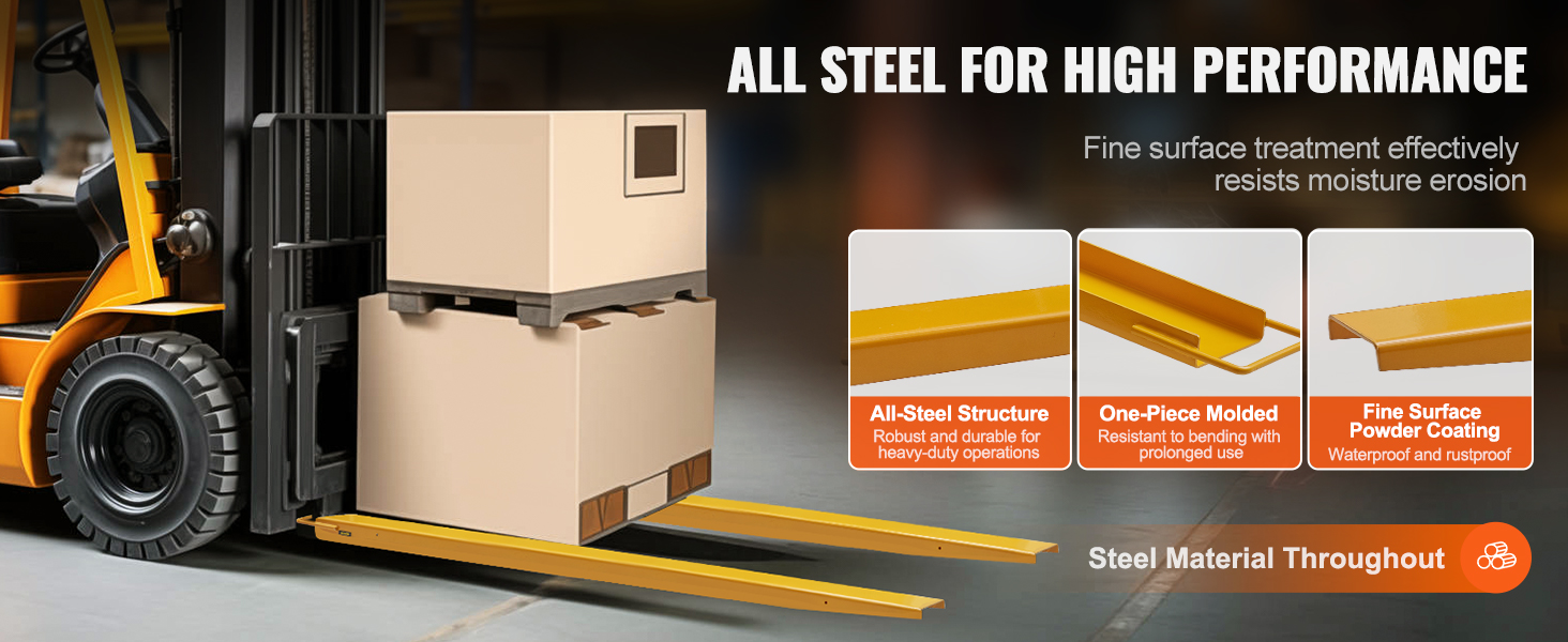 yellow forklift with VEVOR pallet fork extensions lifting a large cardboard box, showcasing durability features.