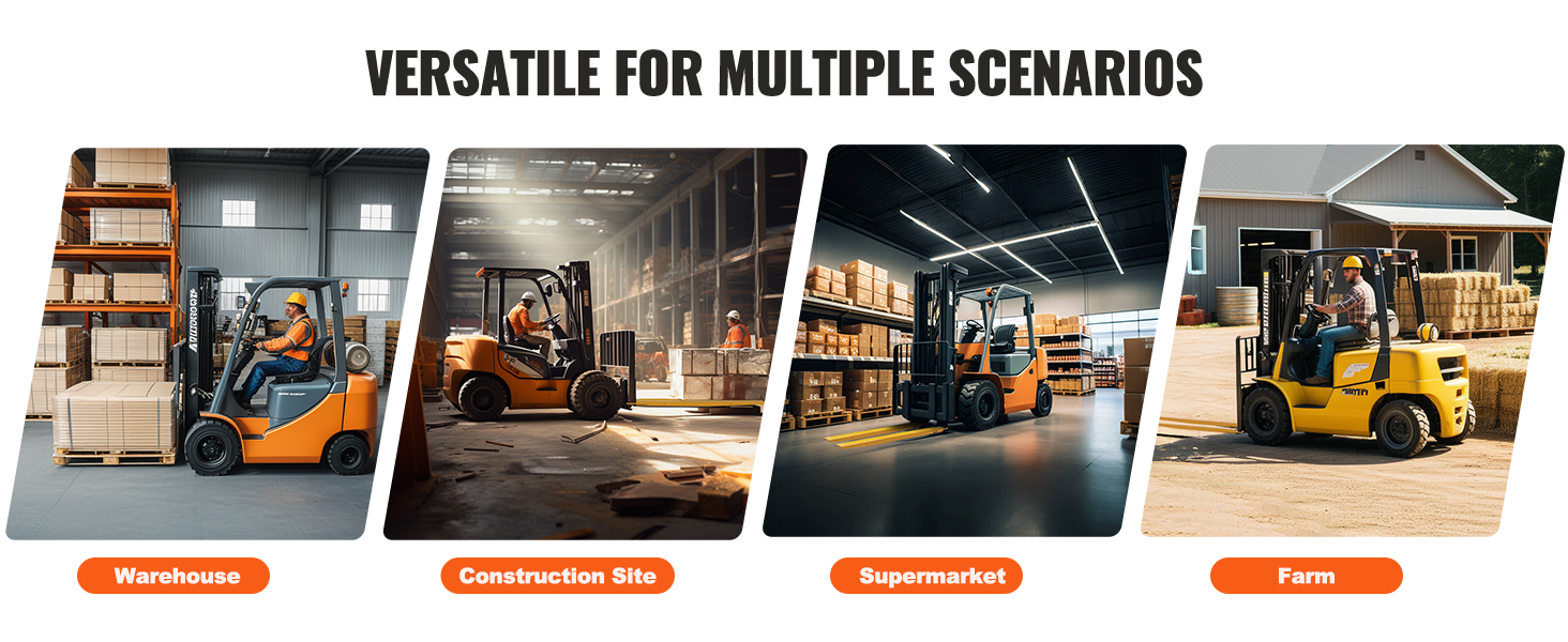 forklifts with VEVOR pallet fork extensions in use at warehouse, construction site, supermarket, and farm.
