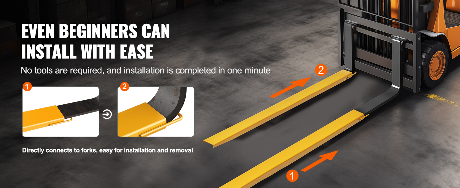 VEVOR pallet fork extensions on forklift with details on installation guide and easy setup instructions.