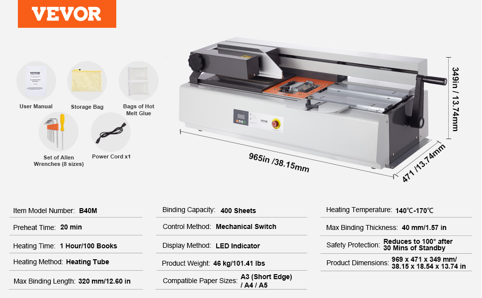 VEVOR thermal binding machine with user manual, storage bag, hot melt glue, allen wrenches, and power cord.