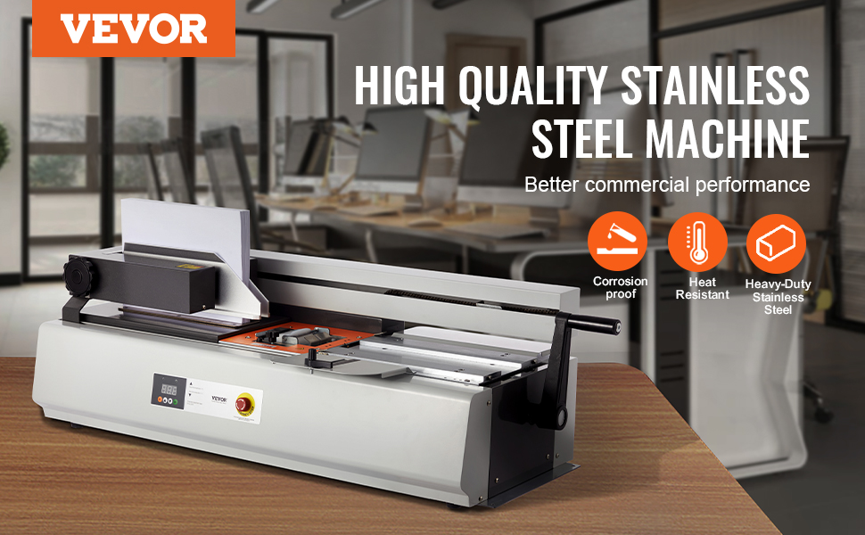 VEVOR thermal binding machine in modern office; corrosion-proof, heat-resistant, heavy-duty stainless steel.