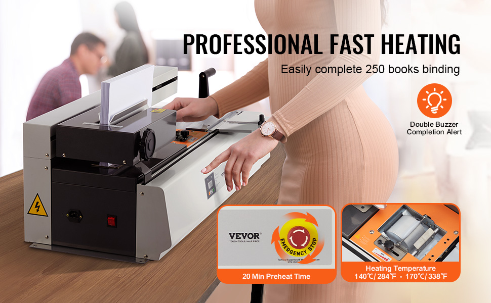 VEVOR thermal binding machine with fast heating, 250 books capacity, and double buzzer alert.