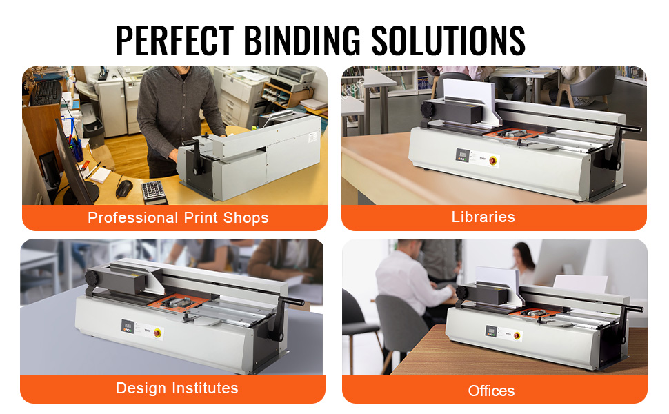 VEVOR thermal binding machine in print shops, libraries, design institutes, and offices. perfect binding solutions.