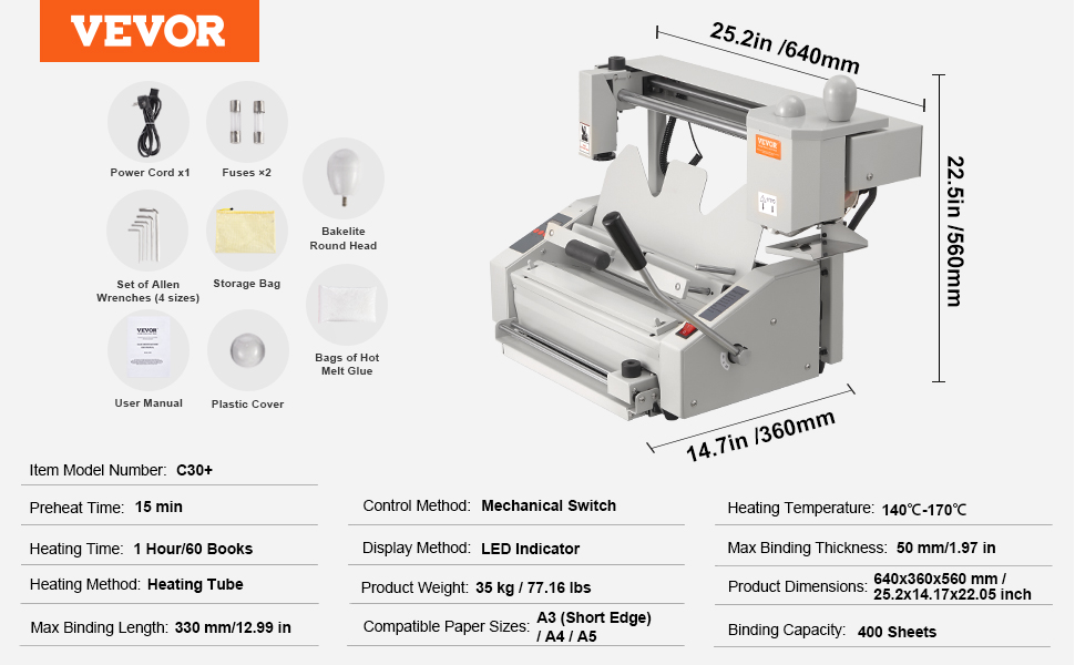 VEVOR thermal binding machine c30+ with accessories, dimensions, and specifications displayed.