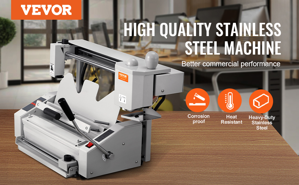 VEVOR thermal binding machine on wooden desk, boasting corrosion-proof and heat-resistant features.