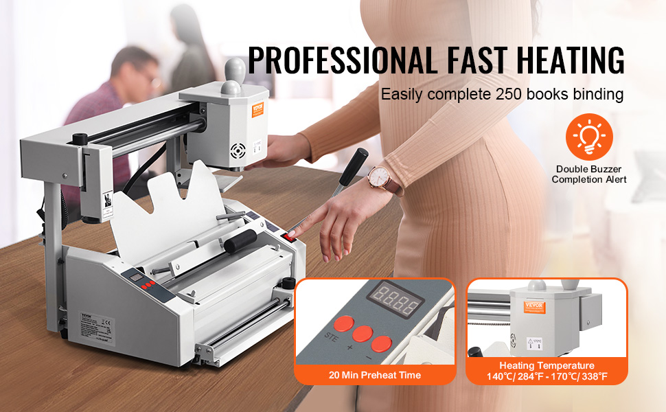 VEVOR thermal binding machine with professional fast heating, binds 250 books, double buzzer alert.