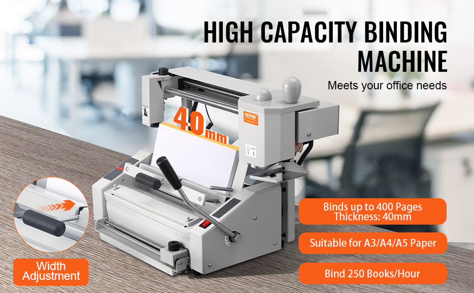 high capacity VEVOR thermal binding machine for a3/a4/a5 paper, binds 400 pages, 40mm thickness.