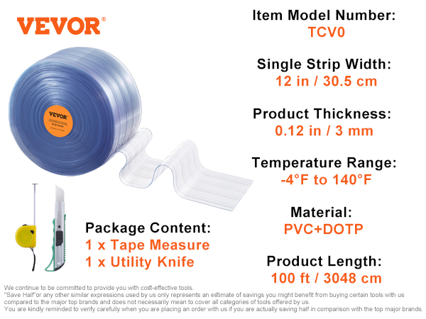 VEVOR strip curtain details, roll, tape measure, and utility knife on a white background.