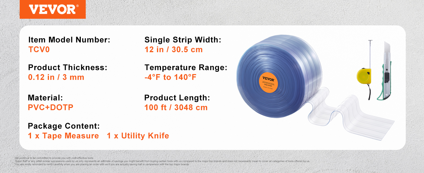 VEVOR strip curtain details, roll, tape measure, and utility knife on a white background.
