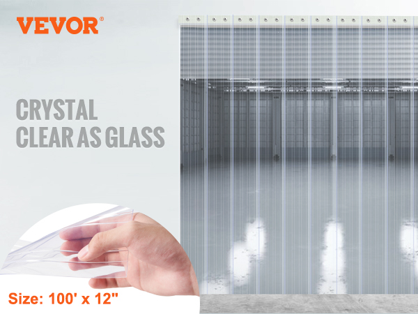 VEVOR strip curtain, crystal clear, no impact on indoor lighting, size 100' x 12".