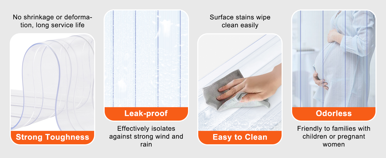 VEVOR strip curtain: strong toughness, leak-proof, easy to clean, and odorless for family safety.