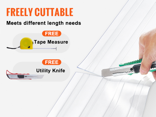 freely cuttable VEVOR strip curtain with free tape measure and utility knife for custom length needs.