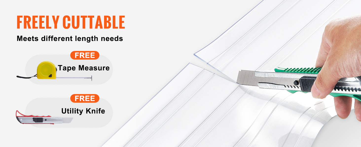 freely cuttable VEVOR strip curtain with free tape measure and utility knife for custom length needs.