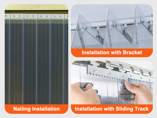 VEVOR strip curtain installation methods: nails, bracket, and sliding track for versatile application.